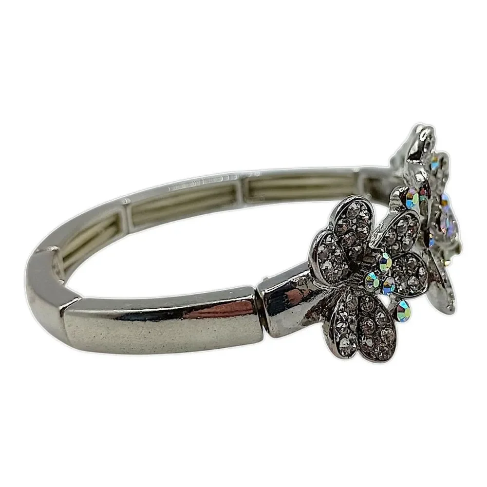 Flower Rhinestone Bracelet Stretch Aurora Borealis‎ Silver Tone Fairy Whimsigoth